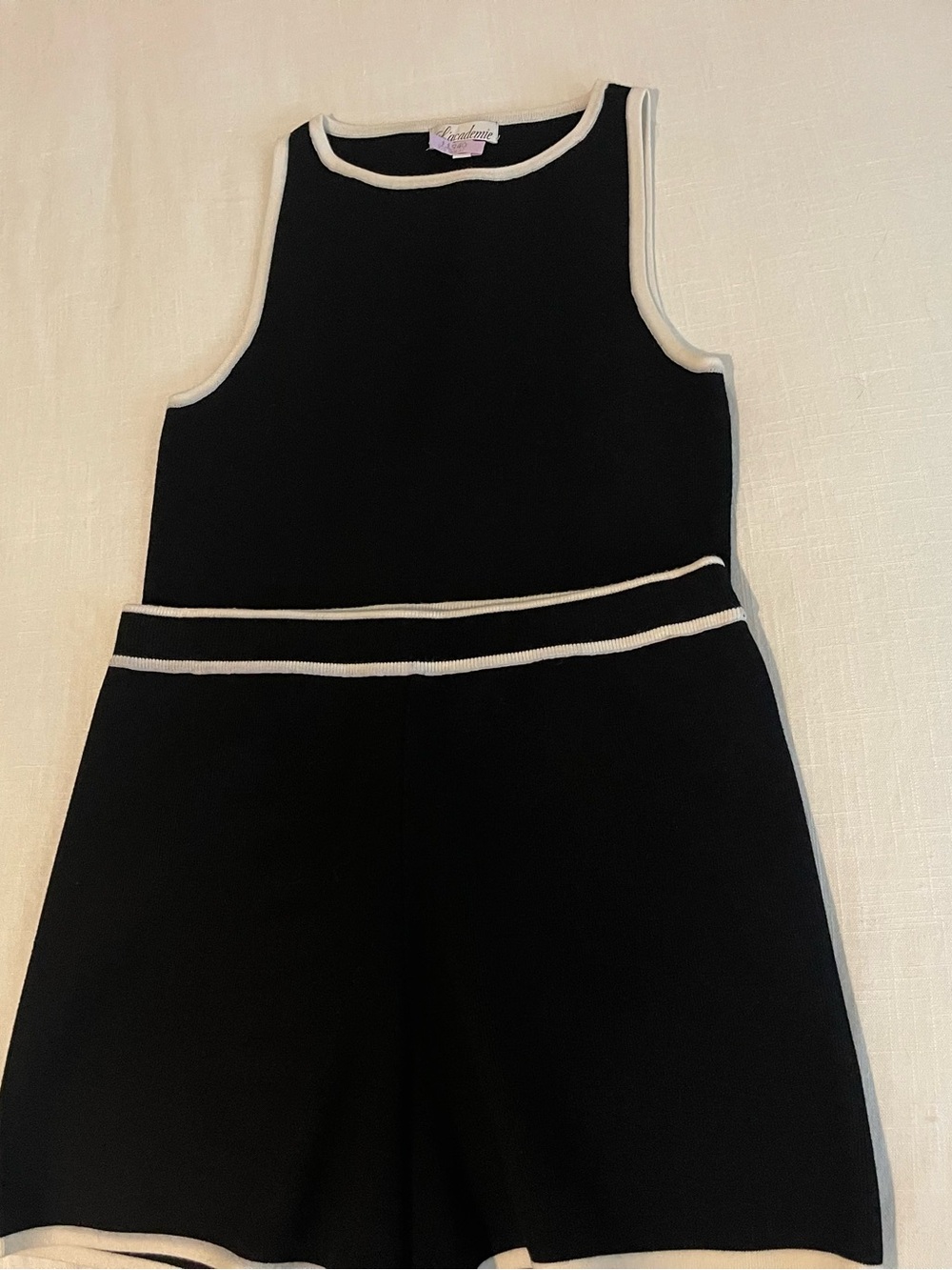 L'Academie Black Sleeveless Knit tank and high waisted shorts with White Trim - Picture 4 of 9